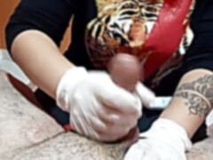 Gloves, edging handjob, cock tease