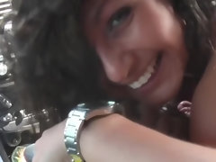 Russian friends bring brunette to a forest where she sucks cock