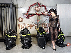 Mistress Sara's Birthday Party: Asian Femdom Whipping & Wax Play with 4 Slaves