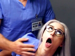 Bald nurse and nerdy colleague relieve stress by passionate fuck