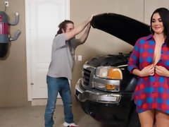 Dark haired brunette gets rammed so hard in the garage