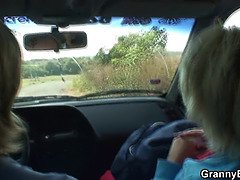 Hitchhiking blonde granny picked up and doggy-fucked roadside