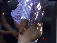 Fat man fucks a sexy Latina prostitute in forest