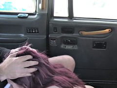 Petite redhead American babe fucks in fake cab
