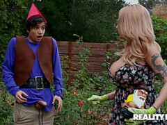 デカパイ, ブロンド, フェラチオ, チン, バック, ドレス, なめる, 現実