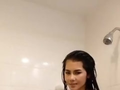 アジア人, デカパイ, 茶髪の, 女, 露出狂, 下着, シャワー, オッパイの