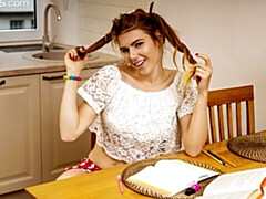 Stunning soloing teen with nice tits Suzanna takes her toy