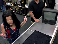 Pawn shop babe fucks in office with big white cock boss