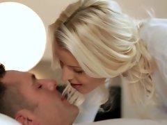 A blonde with long hair gets her sexy thin body touched and caressed