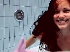 美女, デカパイ, フェティッシュ, プール, 剃毛, シャワー, オッパイの, 水中