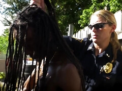 Black guy dragged into outdoor threesome with busty female cops