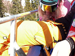 She deepthroat Dick in the Lift at the Ski Resort — Public Blowjob fledgling couple