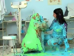 黒人, 試験, 女, グローブ, レザー, ストッキング, オッパイの, 濡れ