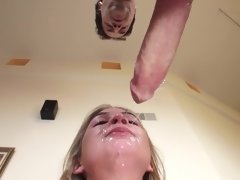 Fiery blonde swallows guy's cock deep in her throat