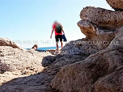 Amateur Italian girl gives public handjob on nude beach - skinny petite teen flashes tits and big cock