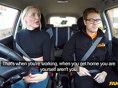 British blonde babe gets her tight pussy creampied in fake driving school