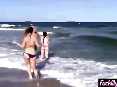 Strand, Grote lul, Diep in de keel, Hd, Ondergoed, Buiten, Gezichtspunt, Tieten likken