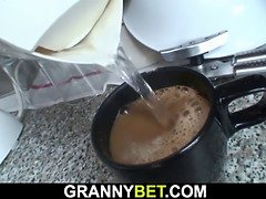 60 years old blonde granny rides his cock