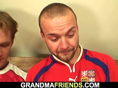 Old woman lost bet and getting double fucked