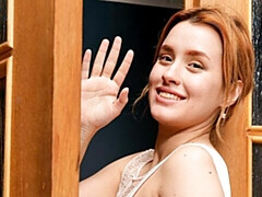 Sexy redhead girlfriend Angel Jolie stimulates her wet shaved pussy