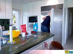 Extra small redhead teen Madie Collins is misbehaving in the kitchen again