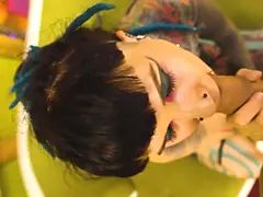 Alternative goddess taunts petite tits & nips then takes rough doggy, cascading facial