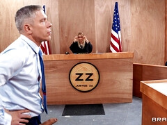 Kylie Rocket is sucking Mick Blue's cock in the courtroom