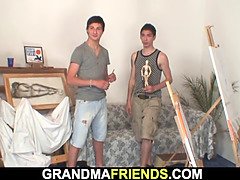 Boys bang nude old lady from both sides