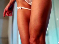 Brunette home alone - Petite skinny leggy babe in erotic solo video