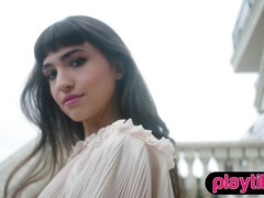 Tiny darkhaired babe babe strips nude outdoors