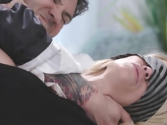 Guy in suit jacket fucks the blindfolded blonde for the last time