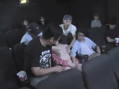 Pleasing small titted Japanese whore in gang bang in public place