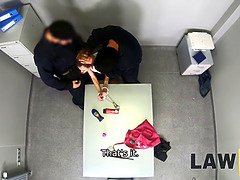 Watch this tattooed thief get her tight shaved pussy arrested and punished with a skynny
