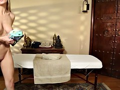 美女, マッサージ, フェラする, のぞき