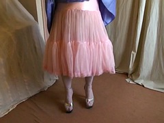 Lilac bridesmaid dress, pink petticoat and platform heels