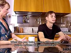 Blondine, Blasen, Paar, Hd, Küche, Russisch, Strümpfe, Titten