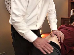 Petite twink plays with his ass with help from DILFs HJ in the office