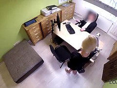 Loan4k. blonde sweetheart with ponytail is wielded by loan manager for currency