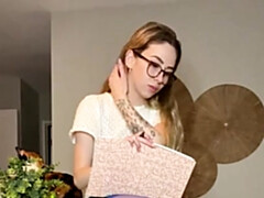 Rubia, Consolador, Gafas, Lencería, Pequeña, Medias largas, Adolescente, Juguetes