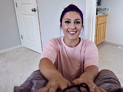 Brunette with big boobs masturbates on webcam