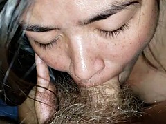 Asian milf wife sucking balls and dripping cum in her mouth