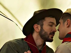 Hairy chested gay scout fucks twink boyfriend in outdoor tent