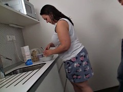 Fucking a fat girlfriend with a big belly in the kitchen