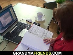 Very old granny boss threesome in the office