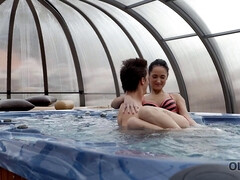 Angie Moon, a hot brunette teen, bonks her older man in all positions by the pool