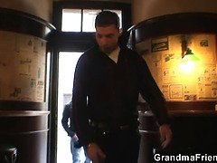 Two dudes pick up big tits blonde grandma