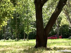 Old slut Vicky almost caught fucking young Daniel outdoors