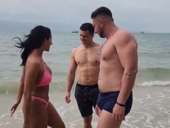 素人, ビーチ, フェラチオ, 茶髪の, Hd, アウトドア, ラフ, 三人