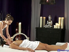 Big tits lesbian gives oily massage