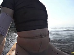 Polka dot tights on the beach